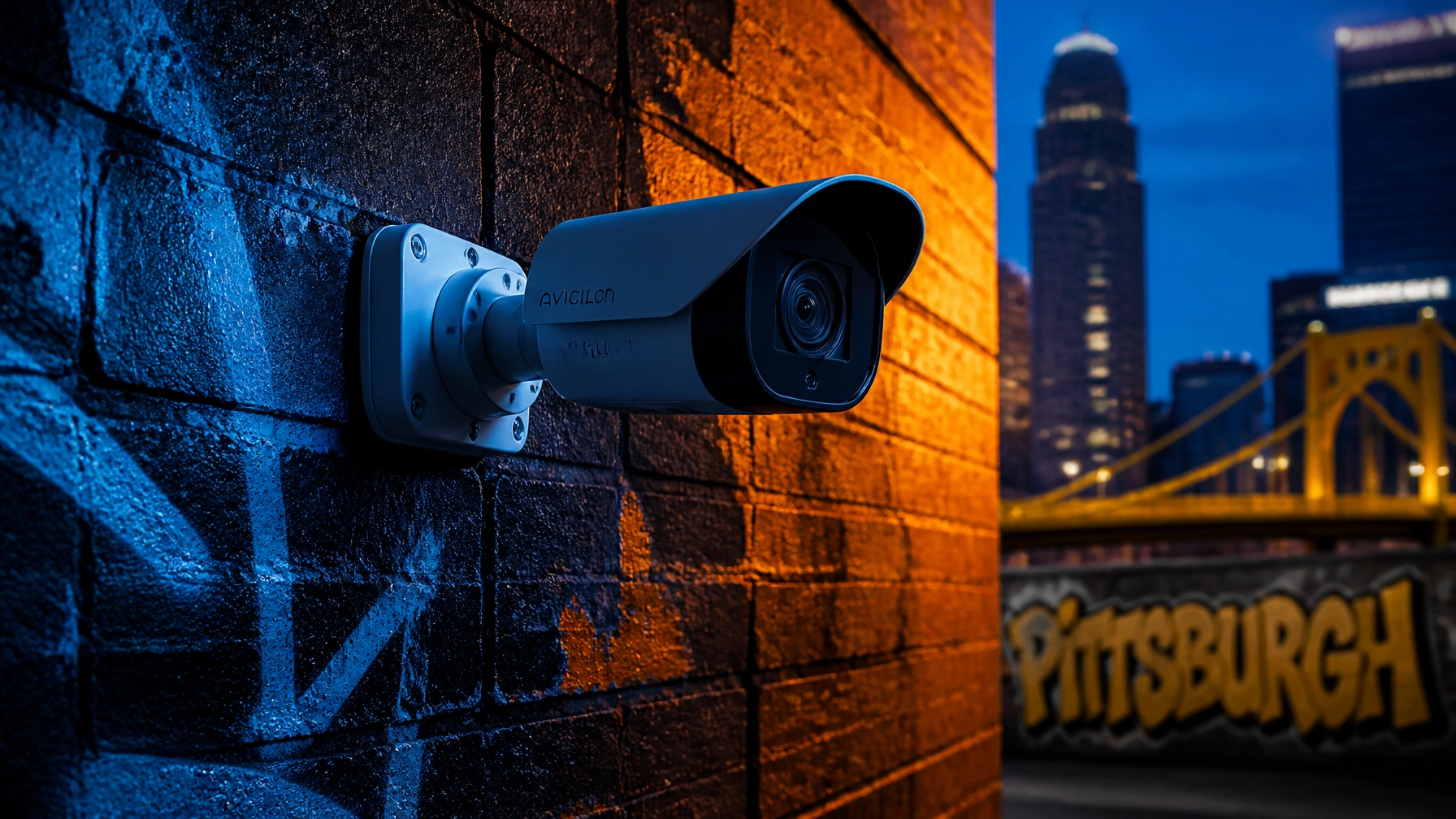 Outdoor security camera mounted on a brick wall at dusk, with blue and orange city lights and a skyline in the background.