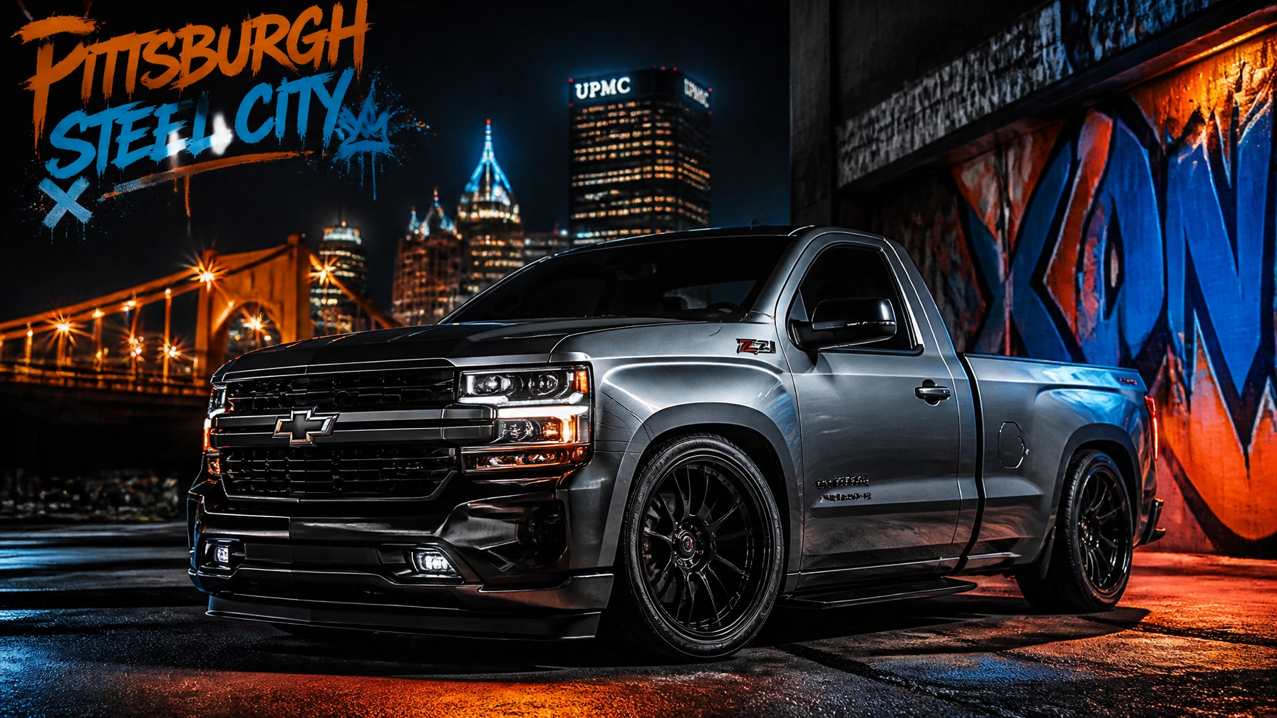 Nighttime city scene with a silver Chevrolet Silverado pickup in the foreground and a graffiti mural backdrop.