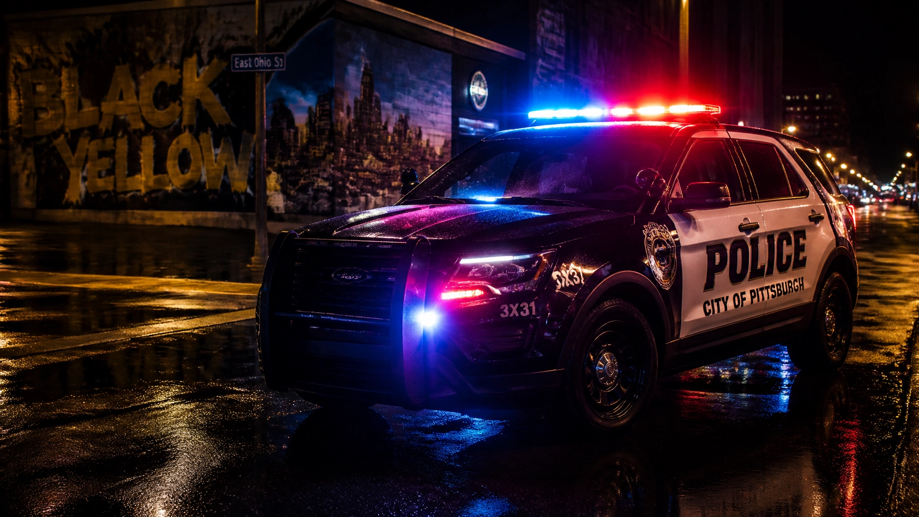 Police SUV from the City of Pittsburgh with red and blue emergency lights on, parked on a wet city street at night.